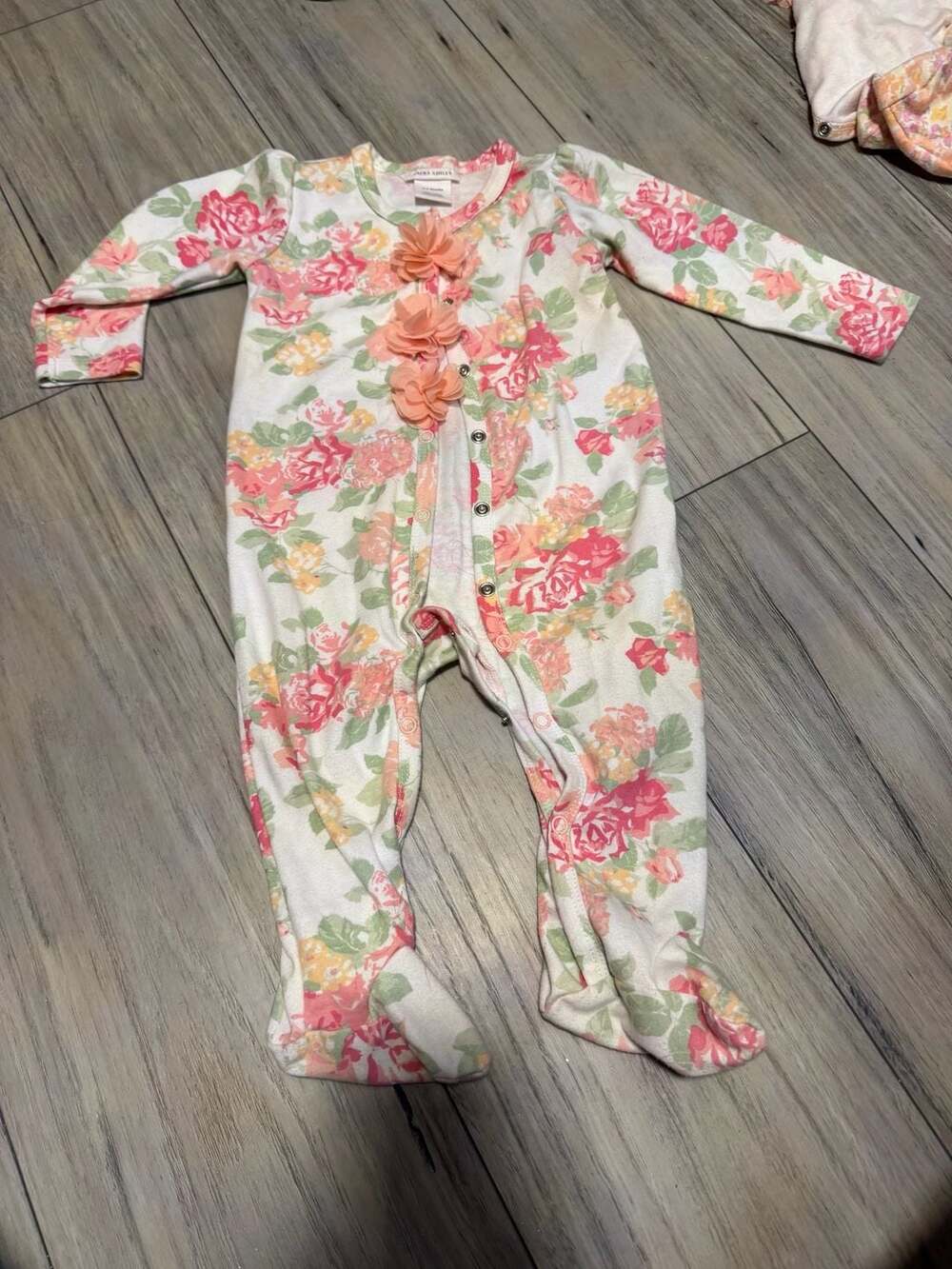 Laura Ashley Baby Girl Floral Print Footed Romper with Decorative Flowers
